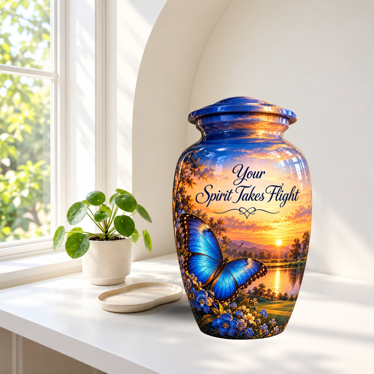 Blue Butterfly Sunset Cremation Urn for Human Ashes – Personalized Handmade Aluminum Urn