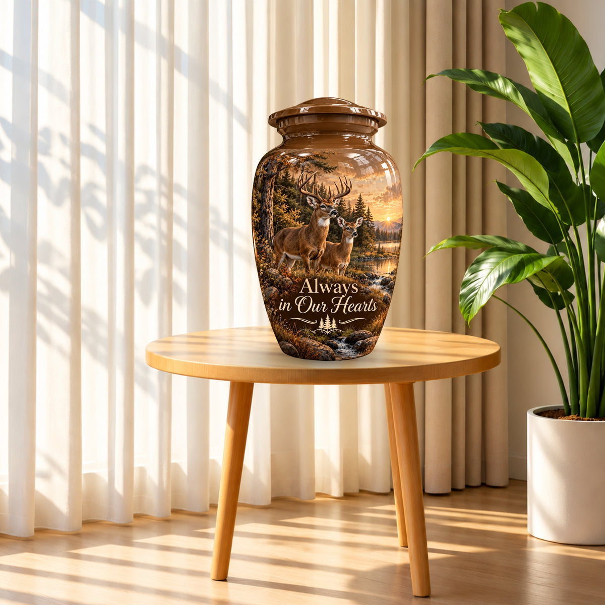 buck and doe forest sunset cremation urn for human ashes, handmade aluminum – photo 3