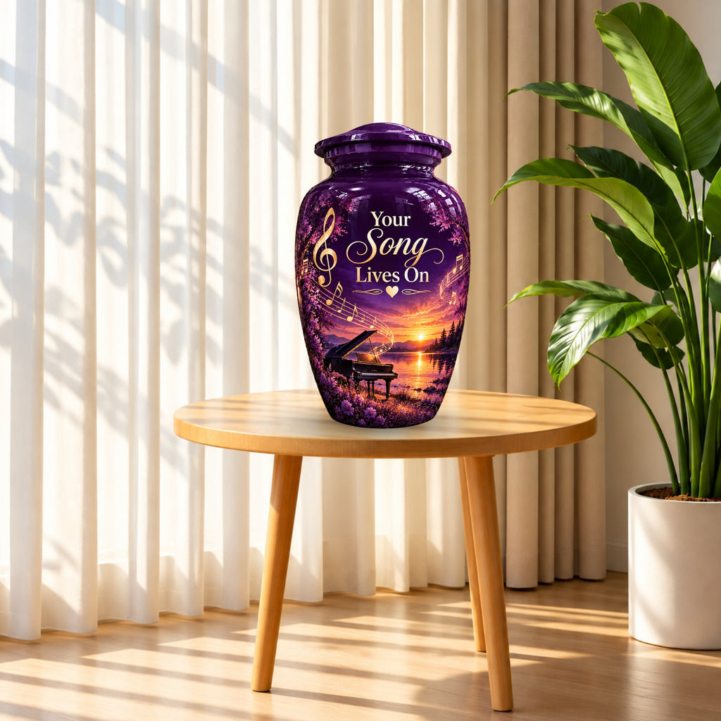 purple sunset grand piano cremation urn for human ashes, handmade aluminum – photo 3