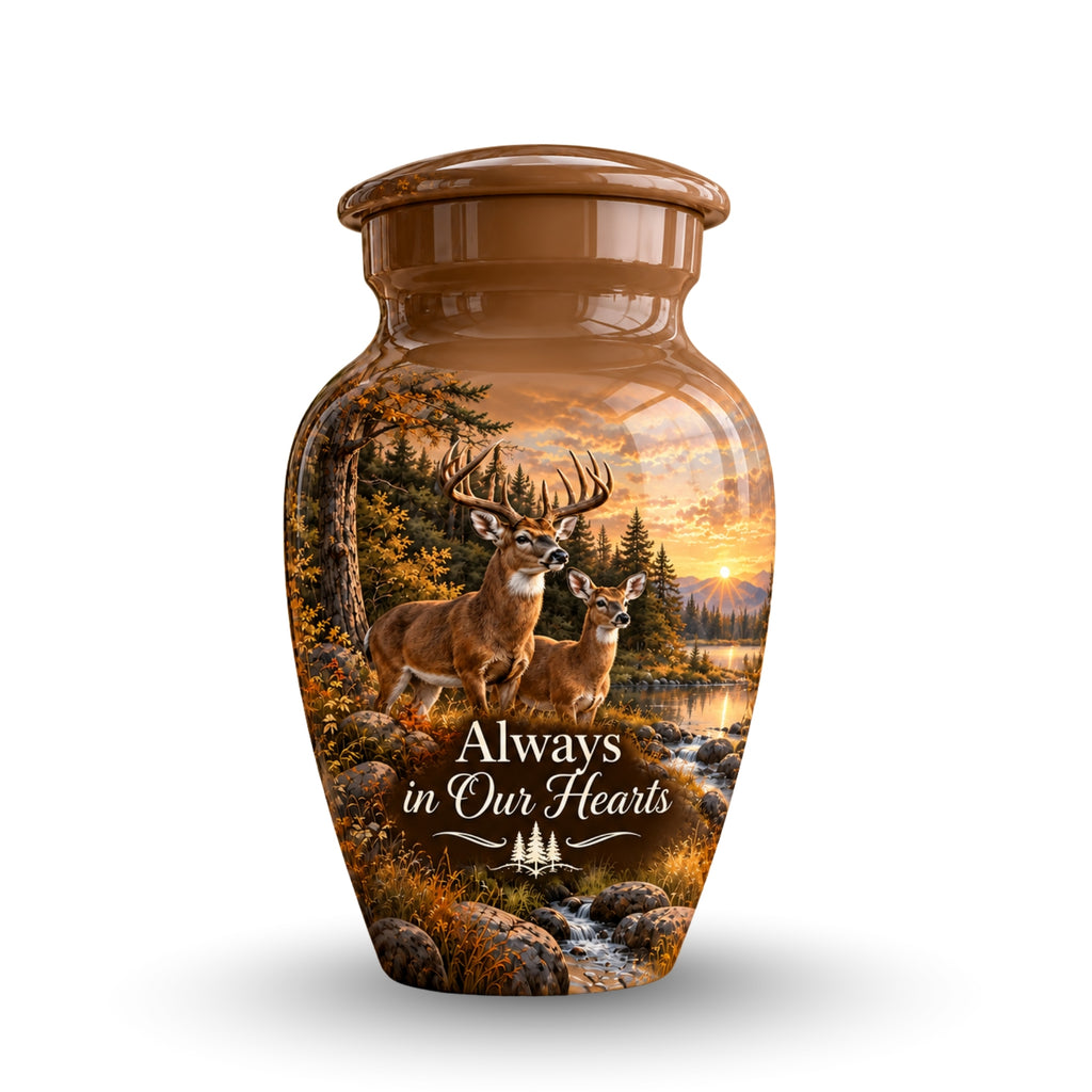 buck and doe forest sunset cremation urn for human ashes, handmade aluminum – photo 4