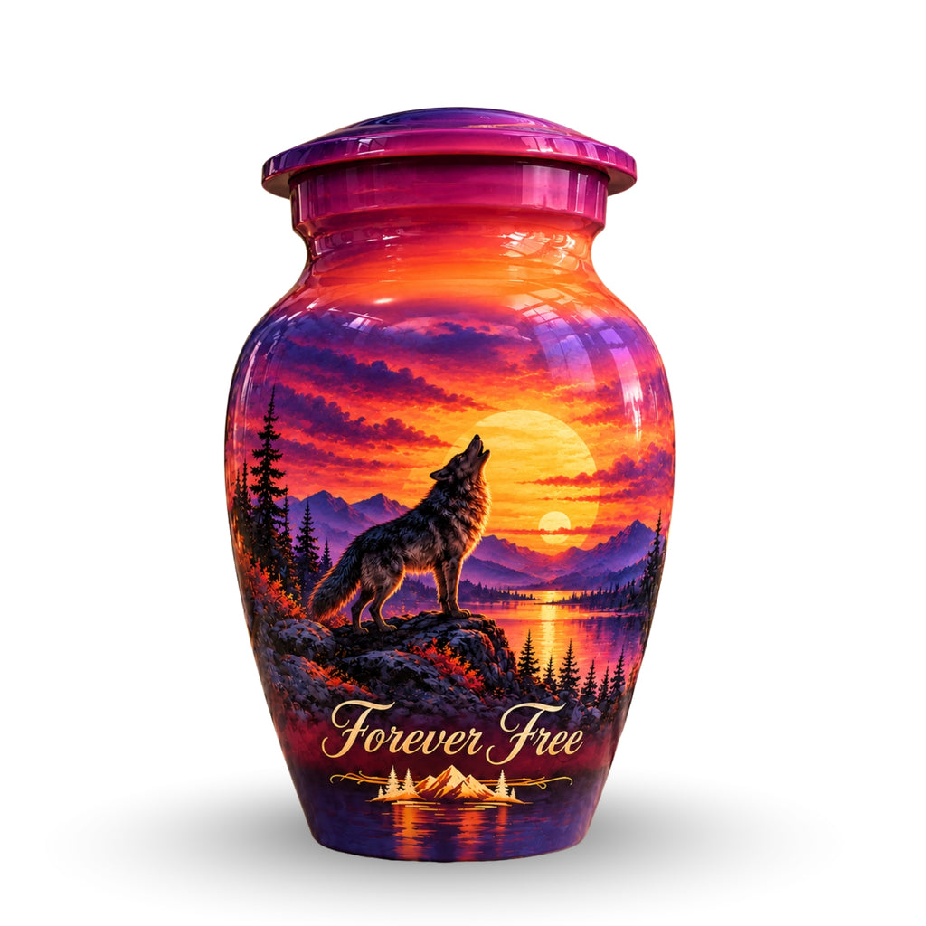 Howling Wolf Sunset Cremation Urn for Human Ashes – Personalized Handmade Aluminum Urn