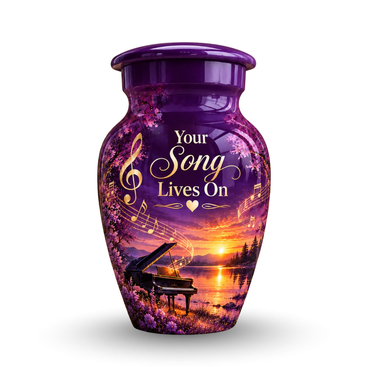 purple sunset grand piano cremation urn for human ashes, handmade aluminum – photo 4