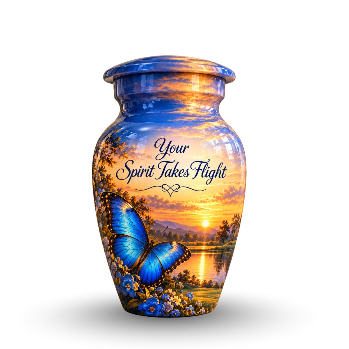 Blue Butterfly Sunset Cremation Urn for Human Ashes – Personalized Handmade Aluminum Urn
