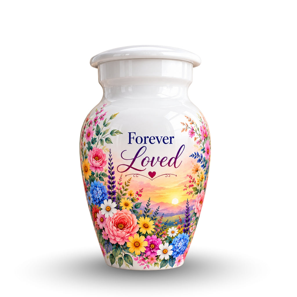 White Floral Sunset Cremation Urn for Human Ashes – Personalized Handmade Aluminum Urn