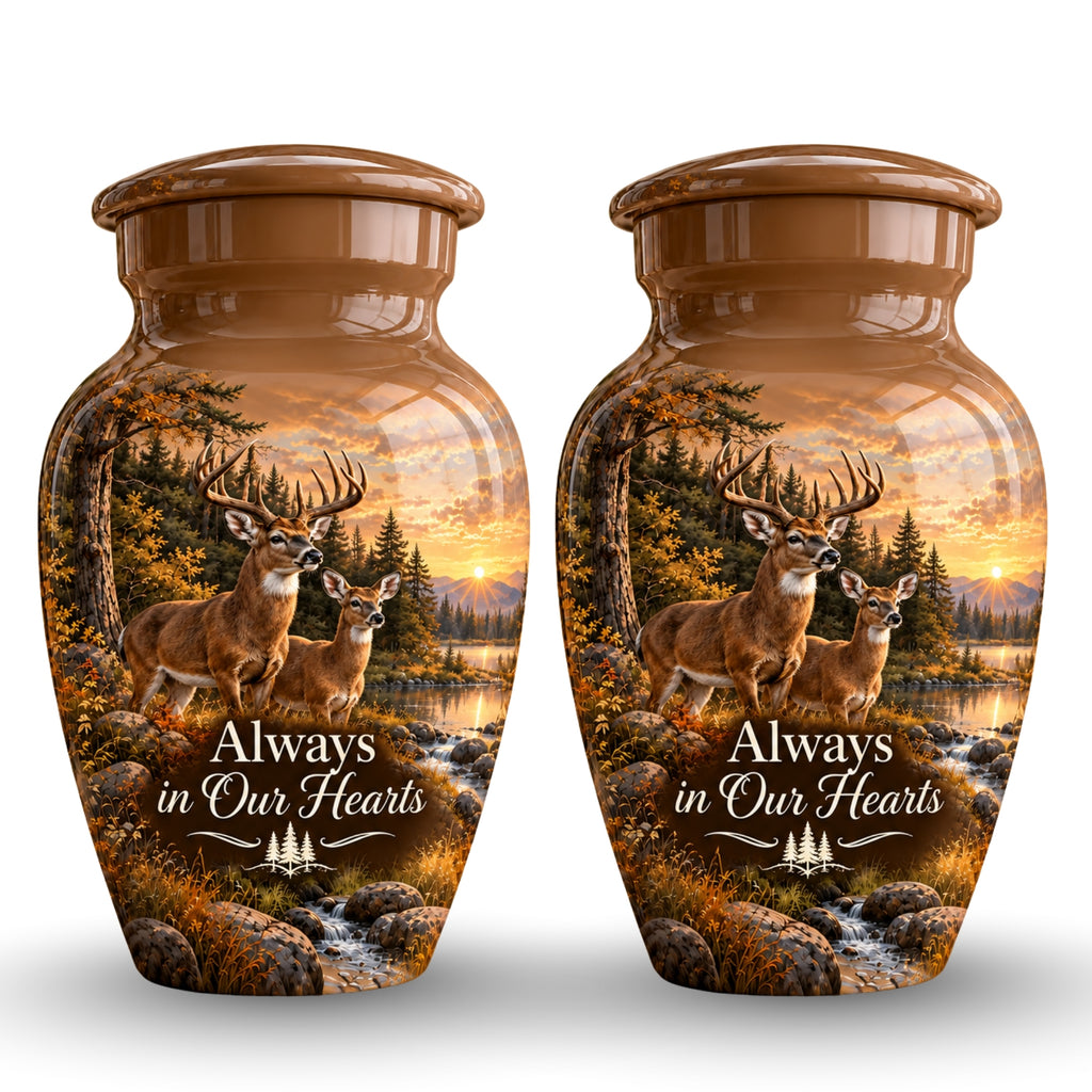 buck and doe forest sunset cremation urn for human ashes, handmade aluminum – photo 5