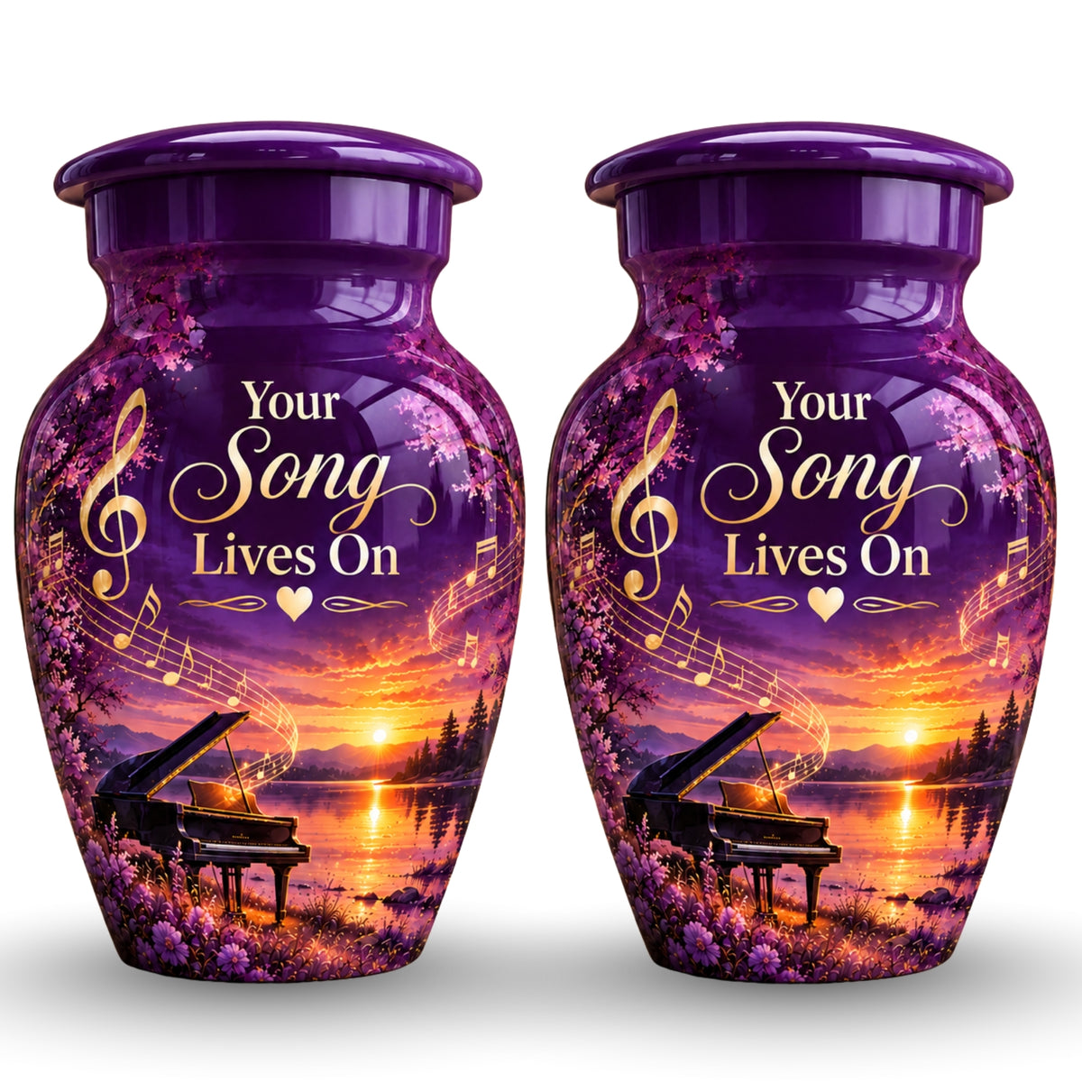 purple sunset grand piano cremation urn for human ashes, handmade aluminum – photo 5