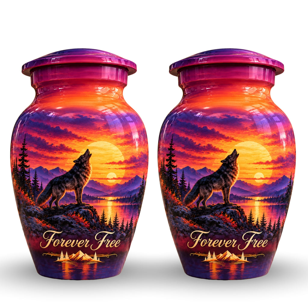 Howling Wolf Sunset Cremation Urn for Human Ashes – Personalized Handmade Aluminum Urn
