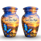 Blue Butterfly Sunset Cremation Urn for Human Ashes – Personalized Handmade Aluminum Urn
