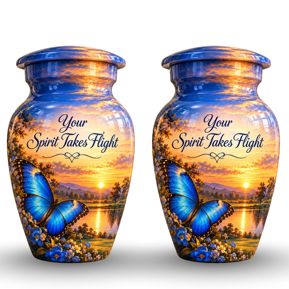 Blue Butterfly Sunset Cremation Urn for Human Ashes – Personalized Handmade Aluminum Urn