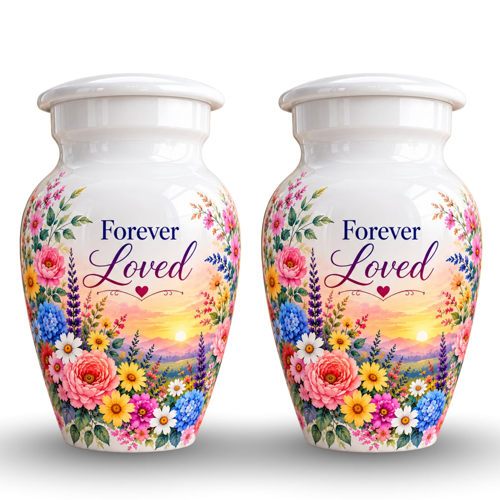 White Floral Sunset Cremation Urn for Human Ashes – Personalized Handmade Aluminum Urn