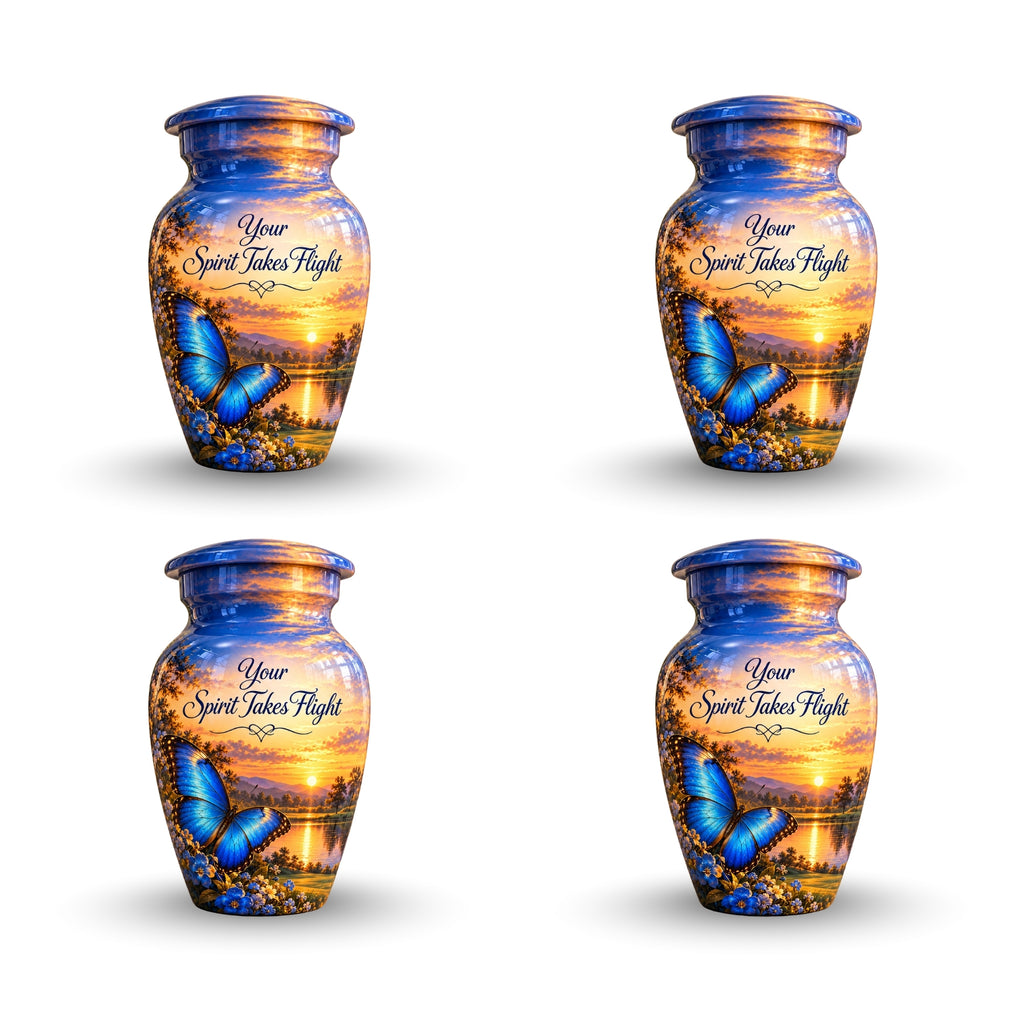 Blue Butterfly Sunset Cremation Urn for Human Ashes – Personalized Handmade Aluminum Urn