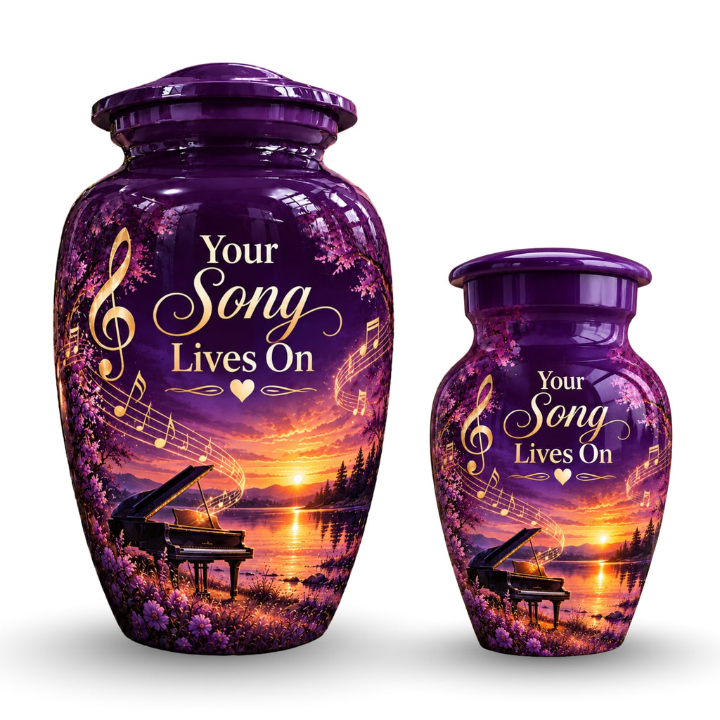 purple sunset grand piano cremation urn for human ashes, handmade aluminum – photo 7