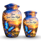 Blue Butterfly Sunset Cremation Urn for Human Ashes – Personalized Handmade Aluminum Urn