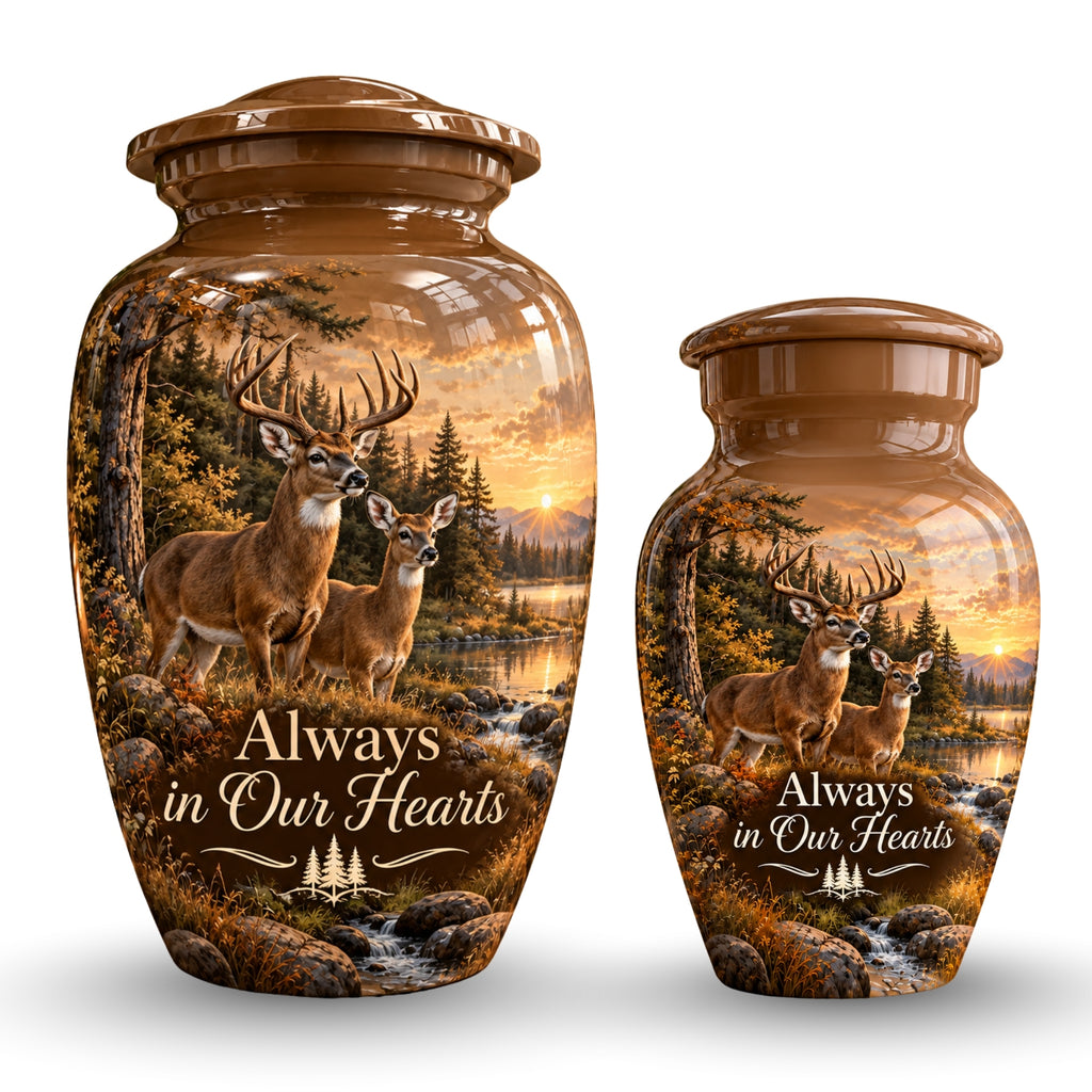 buck and doe forest sunset cremation urn for human ashes, handmade aluminum – photo 7
