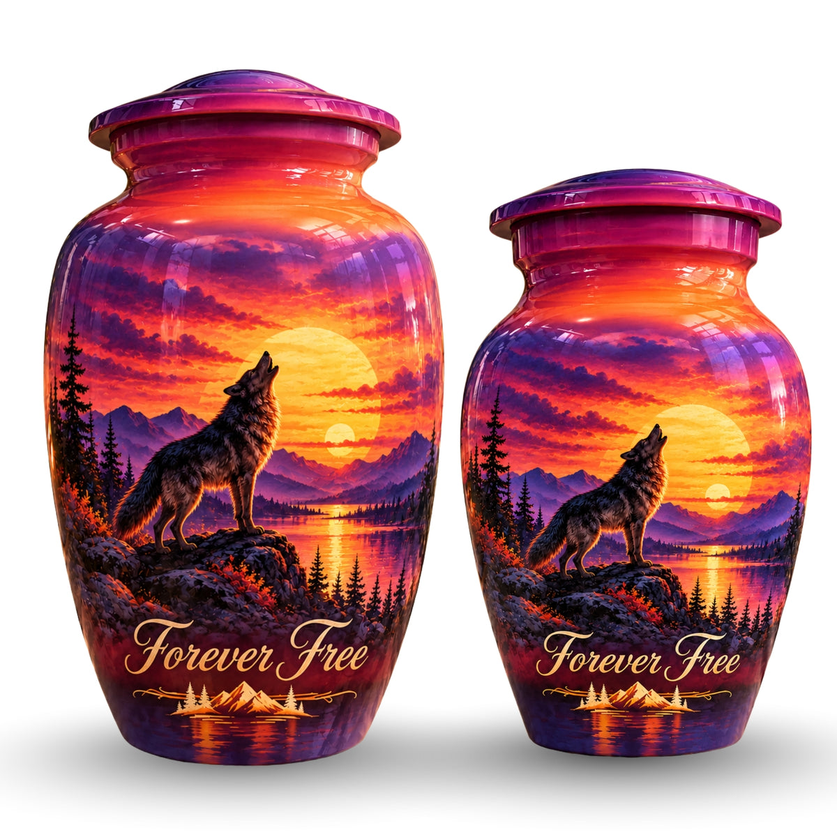 Howling Wolf Sunset Cremation Urn for Human Ashes – Personalized Handmade Aluminum Urn
