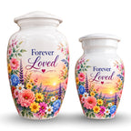 White Floral Sunset Cremation Urn for Human Ashes – Personalized Handmade Aluminum Urn