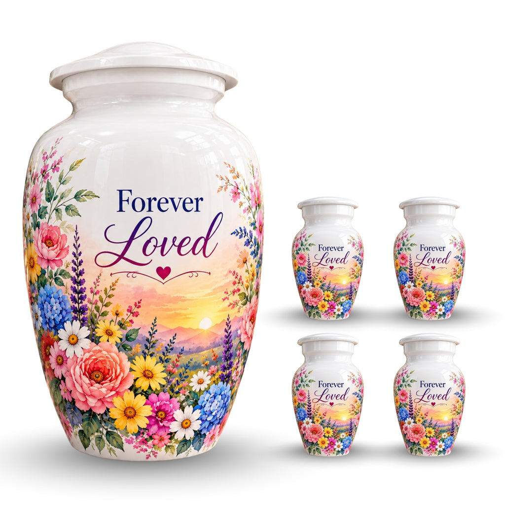 White Floral Sunset Cremation Urn for Human Ashes – Personalized Handmade Aluminum Urn