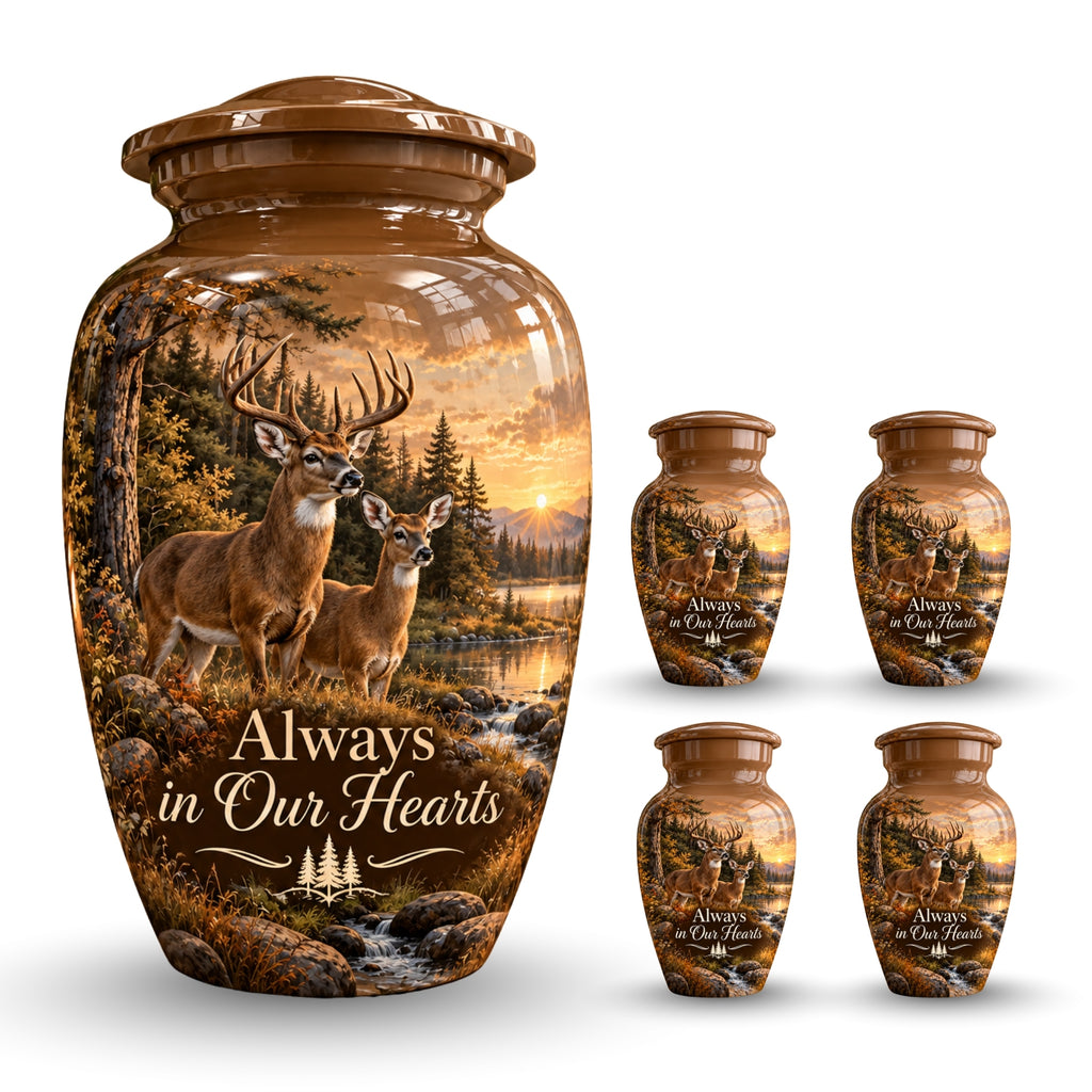 buck and doe forest sunset cremation urn for human ashes, handmade aluminum – photo 8
