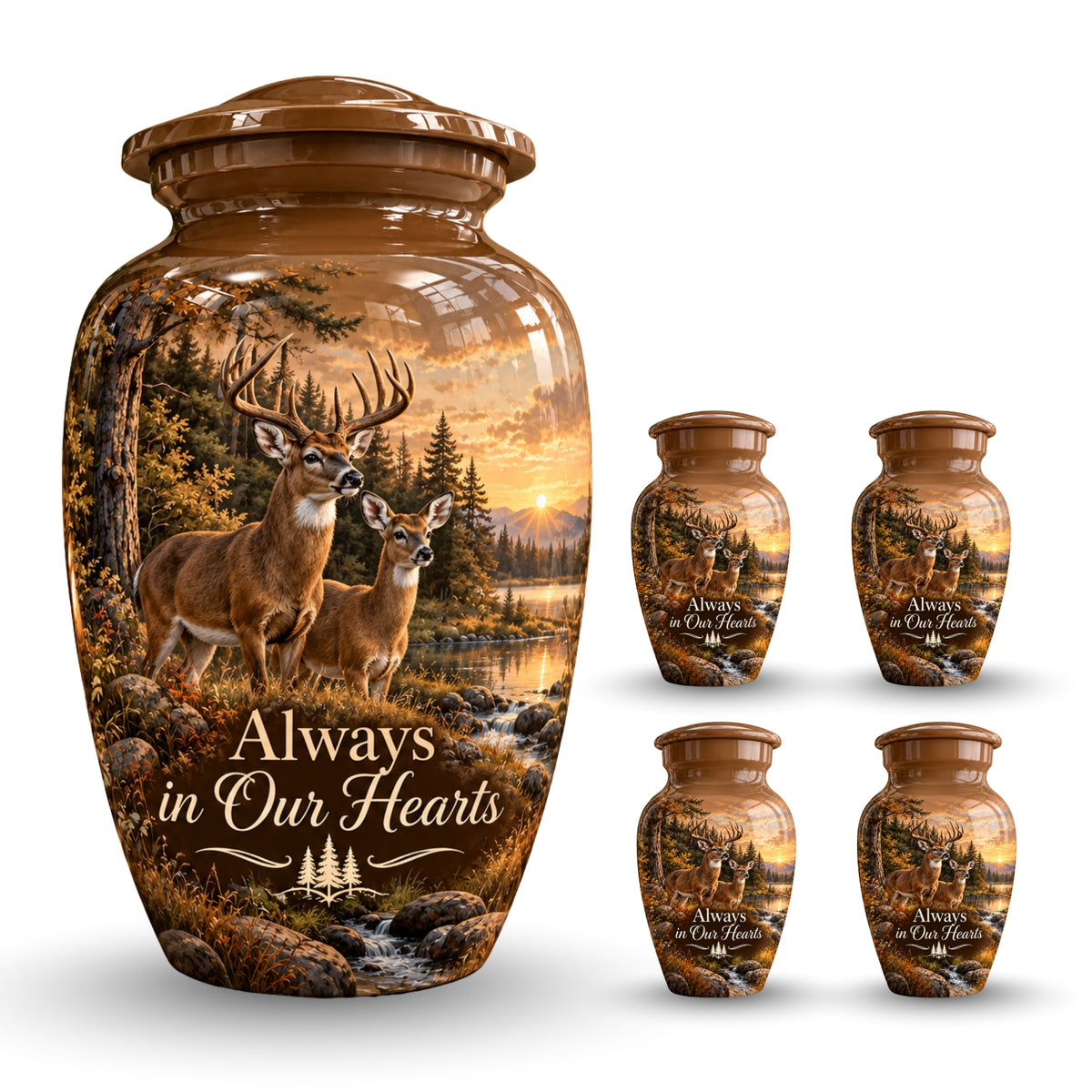 buck and doe forest sunset cremation urn for human ashes, handmade aluminum – photo 8