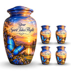 Blue Butterfly Sunset Cremation Urn for Human Ashes – Personalized Handmade Aluminum Urn