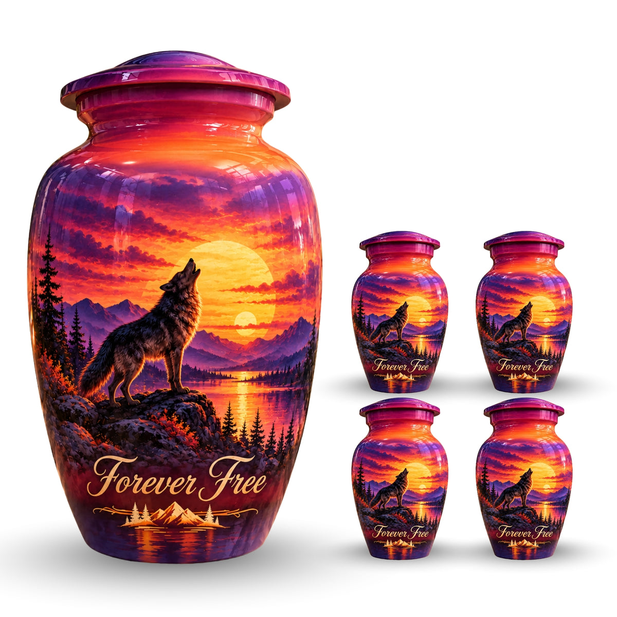 Howling Wolf Sunset Cremation Urn for Human Ashes – Personalized Handmade Aluminum Urn