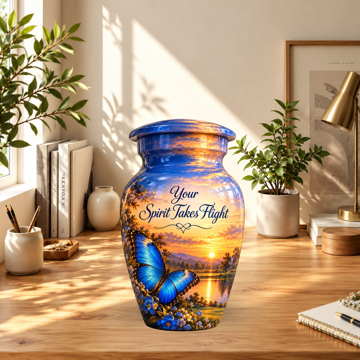 Blue Butterfly Sunset Cremation Urn for Human Ashes – Personalized Handmade Aluminum Urn