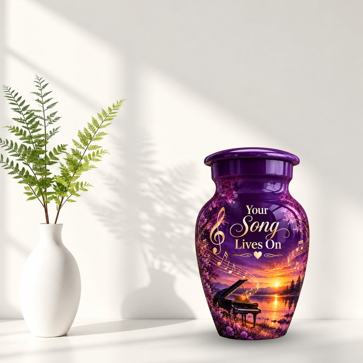 purple sunset grand piano cremation urn for human ashes, handmade aluminum – photo 9