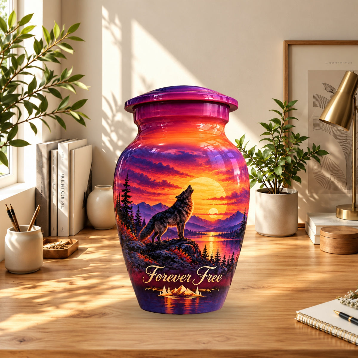 Howling Wolf Sunset Cremation Urn for Human Ashes – Personalized Handmade Aluminum Urn