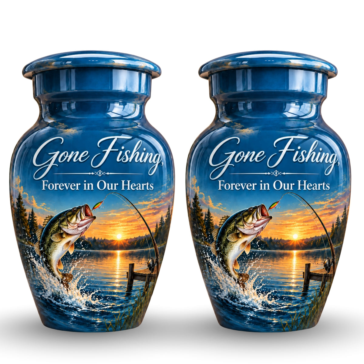 bass fishing sunset cremation urn for human ashes, handmade aluminum – photo 5
