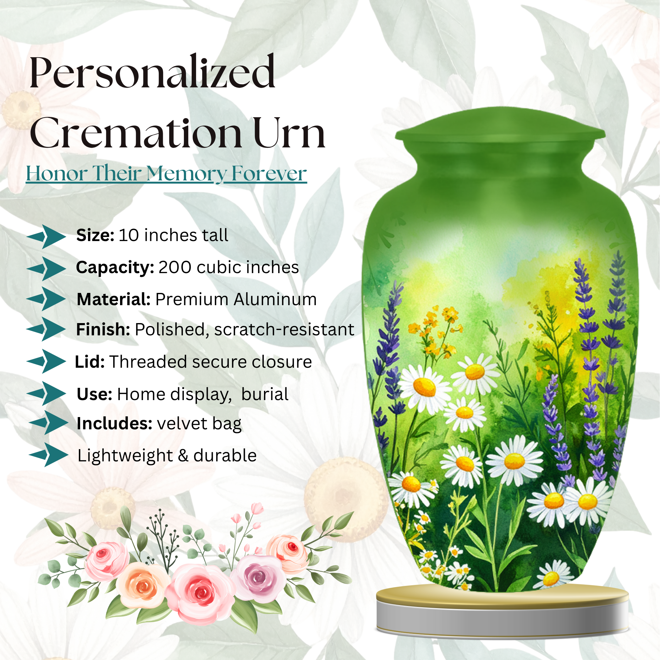 Handmade Cremation Urn for Human Ashes Adult – Green Wildflower Aluminum Memorial Urn, Large 10 Inch 200 Cubic Inches Funeral Burial Urn