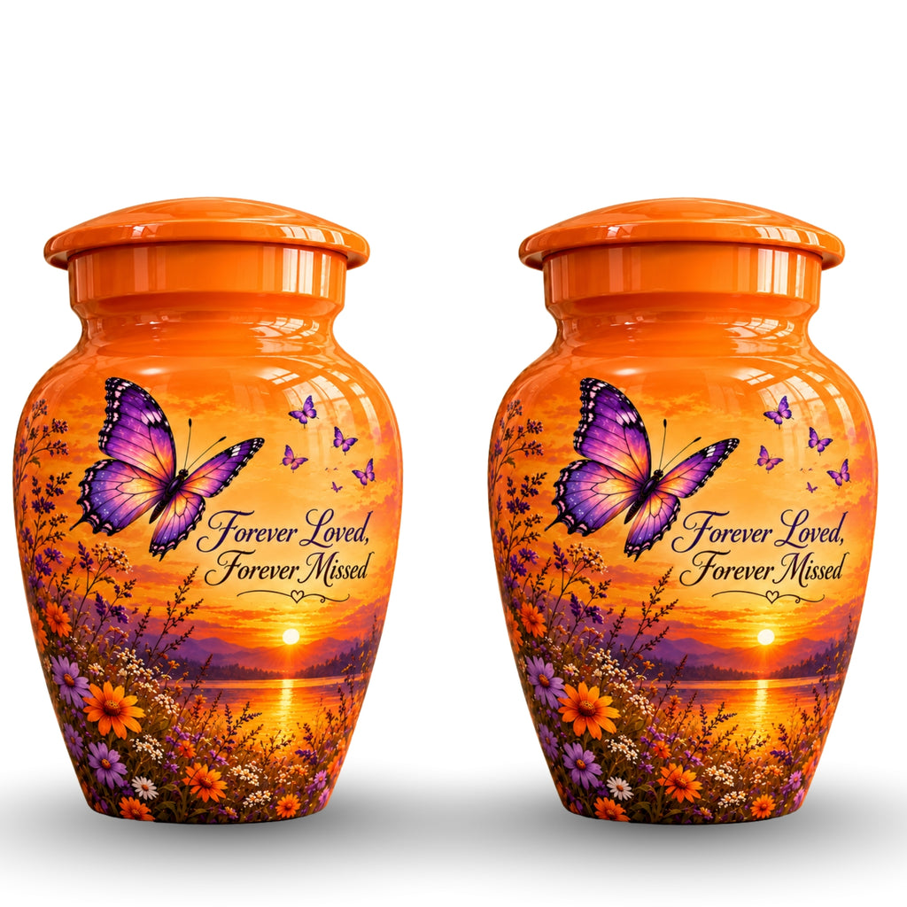 Orange Sunset Purple Butterfly Cremation Urn for Human Ashes – Personalized Handmade Aluminum Urn