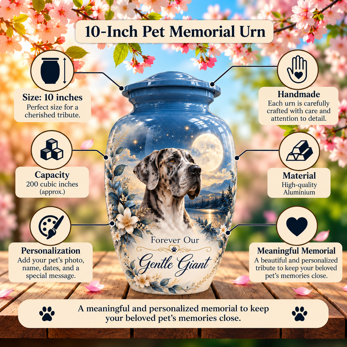 great dane cremation urn for pet ashes, handmade aluminum pet memorial urn with photo – picture 6
