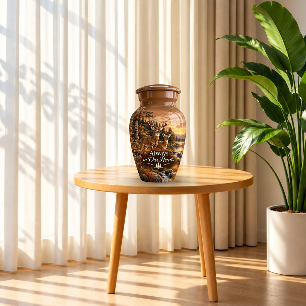 buck and doe forest sunset cremation urn for human ashes, handmade aluminum – photo 10