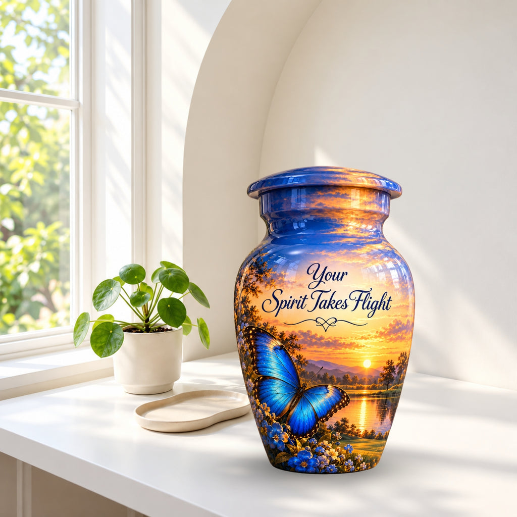 Blue Butterfly Sunset Cremation Urn for Human Ashes – Personalized Handmade Aluminum Urn