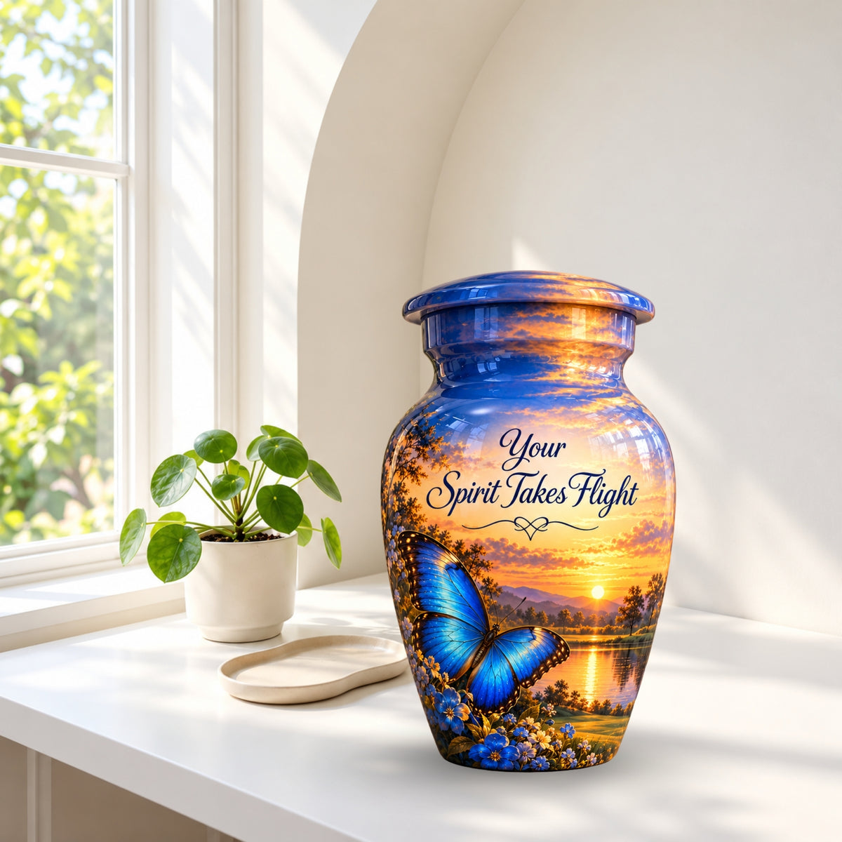 Blue Butterfly Sunset Cremation Urn for Human Ashes – Personalized Handmade Aluminum Urn