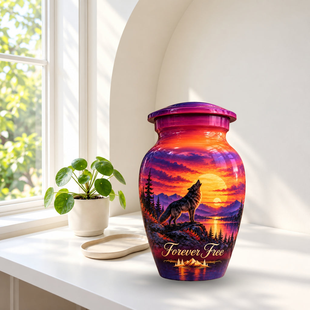 Howling Wolf Sunset Cremation Urn for Human Ashes – Personalized Handmade Aluminum Urn