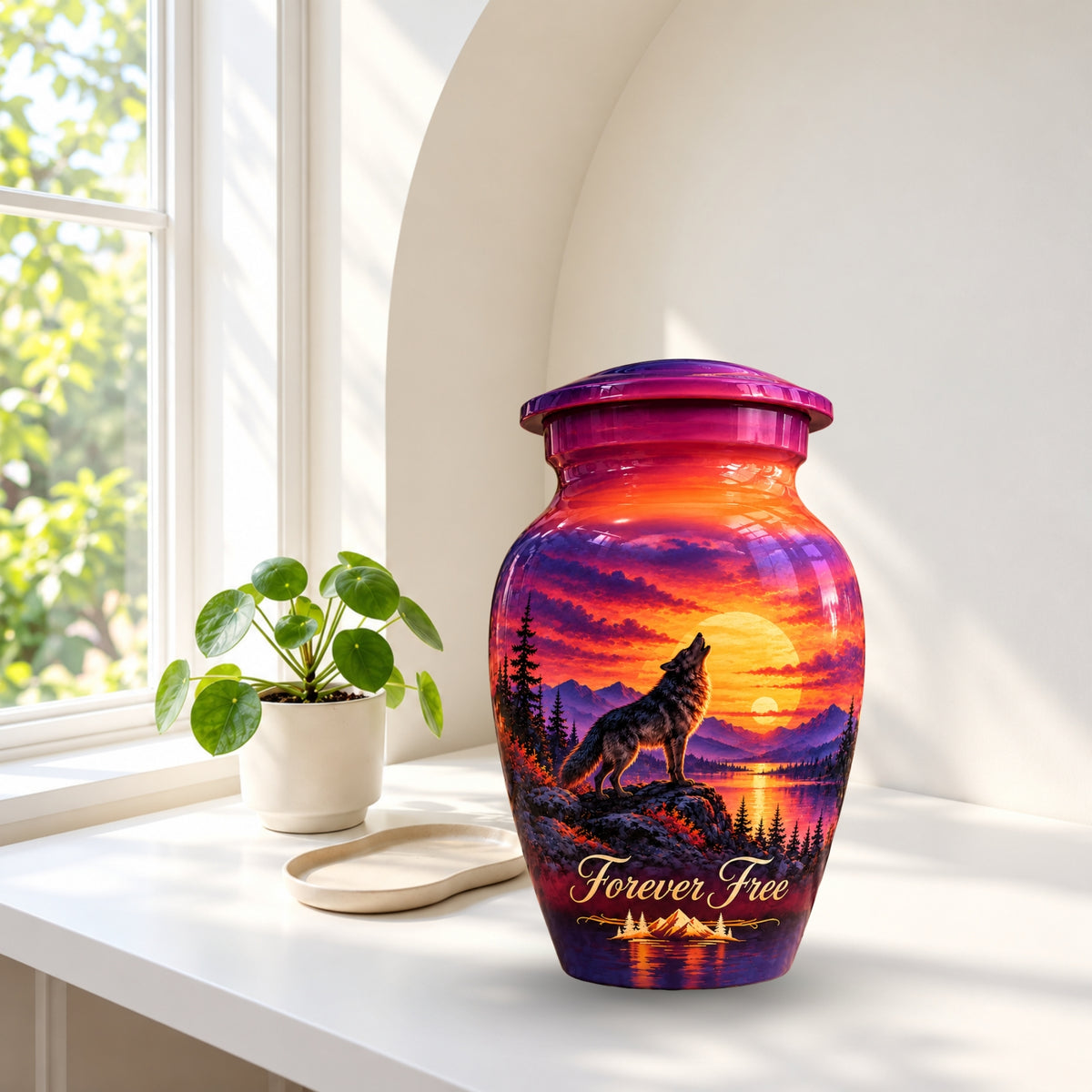 Howling Wolf Sunset Cremation Urn for Human Ashes – Personalized Handmade Aluminum Urn