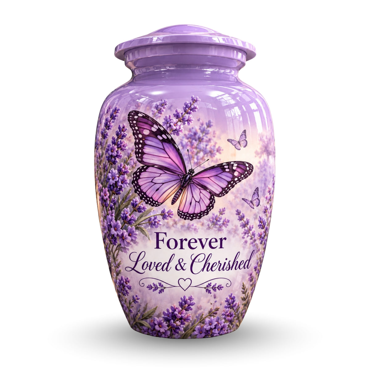 purple butterfly lavender garden cremation urn for human ashes, handmade aluminum – photo 1