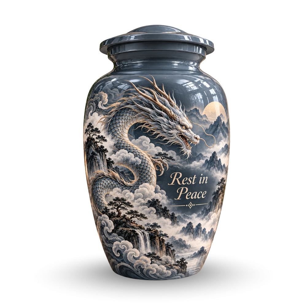 mythical dragon cremation urn with keepsakes, handmade aluminum urn – photo 1