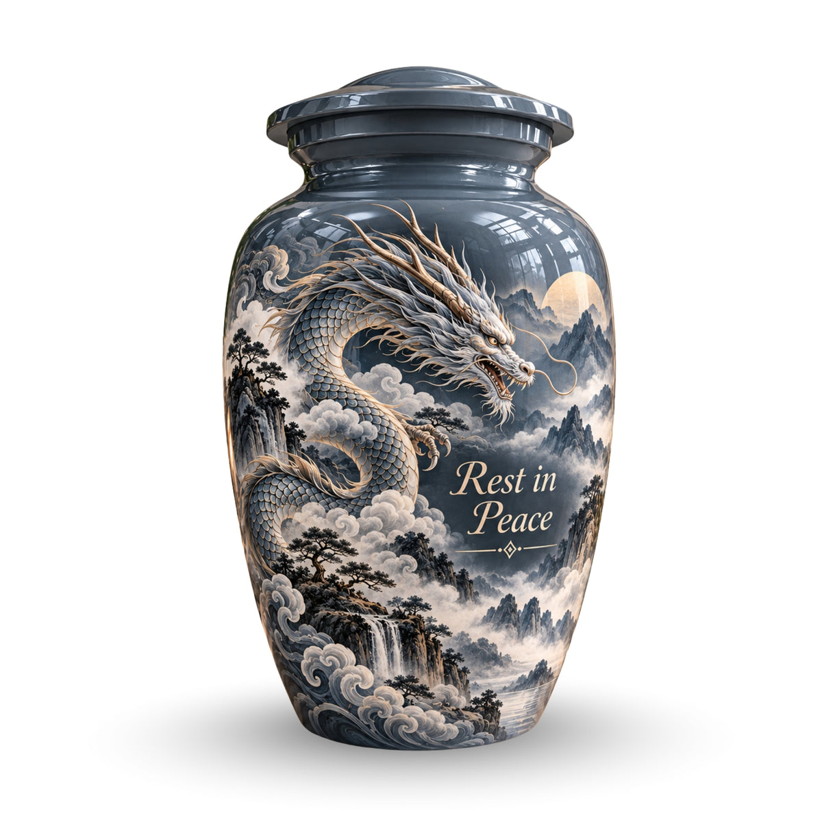 mythical dragon cremation urn with keepsakes, handmade aluminum urn – photo 1