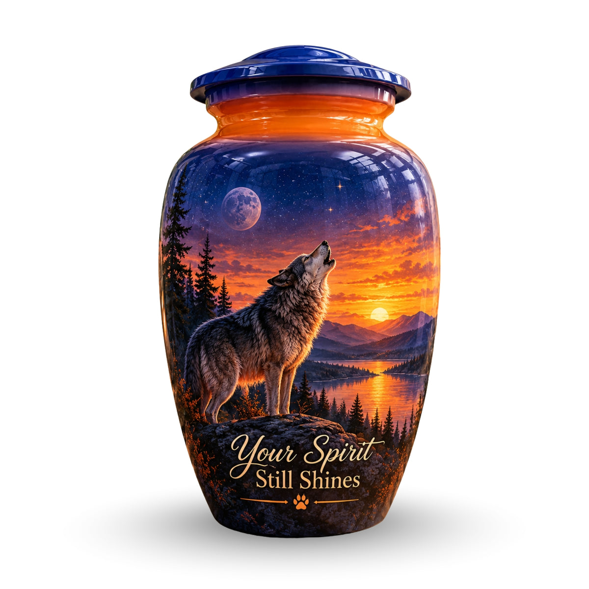 Howling Wolf Moon and Sunset Cremation Urn for Human Ashes – Personalized Handmade Aluminum Urn