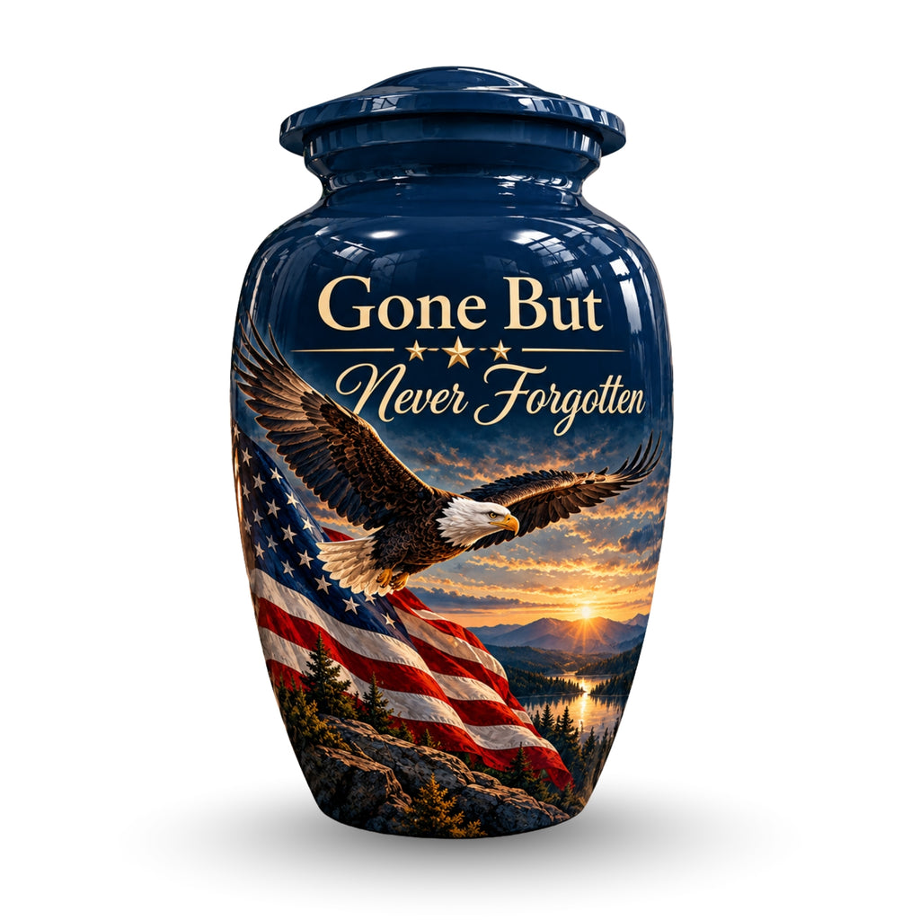 patriotic eagle memorial cremation urn for human ashes, handmade aluminum – photo 1