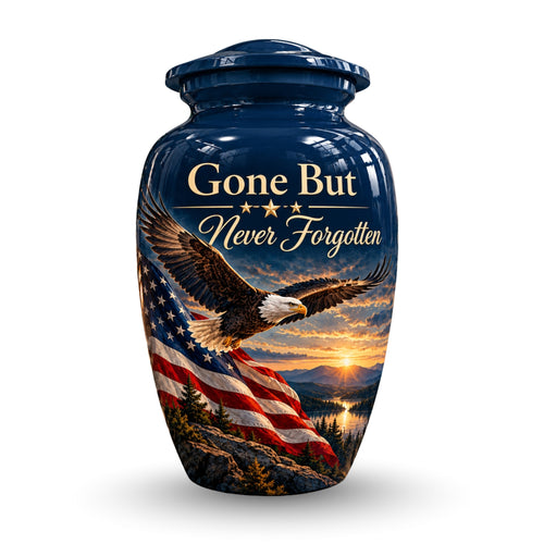 patriotic eagle memorial cremation urn for human ashes, handmade aluminum – photo 1