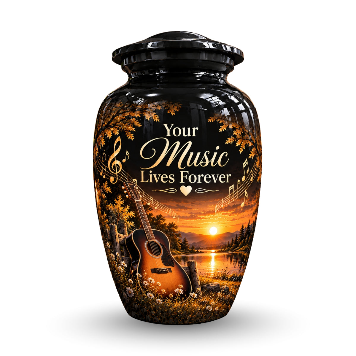 acoustic guitar sunset cremation urn for human ashes, handmade aluminum – photo 1