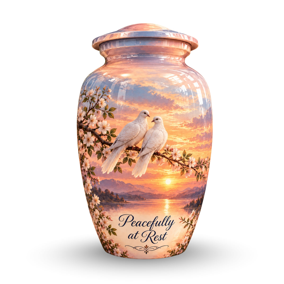 Two Doves on Blossom Branch Cremation Urn for Human Ashes – Personalized Handmade Aluminum Urn