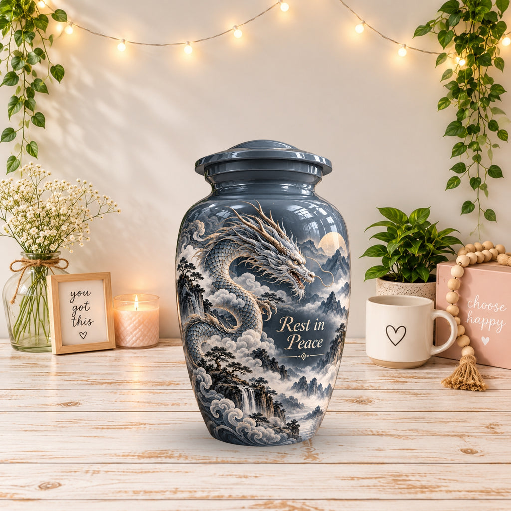 mythical dragon cremation urn with keepsakes, handmade aluminum urn – photo 2