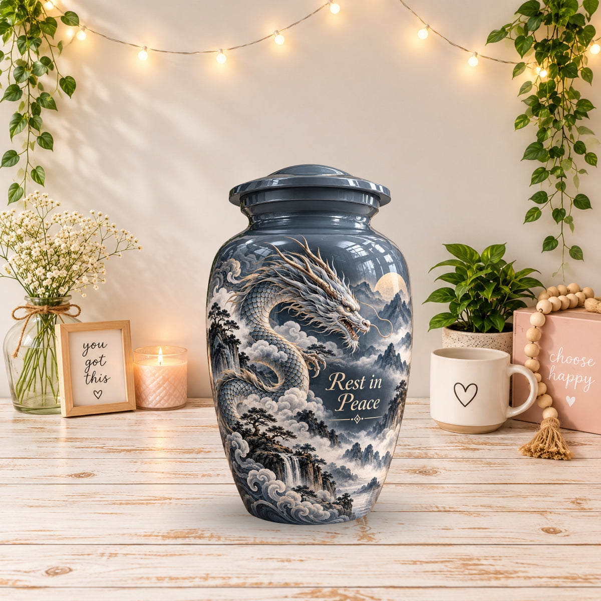 mythical dragon cremation urn with keepsakes, handmade aluminum urn – photo 2