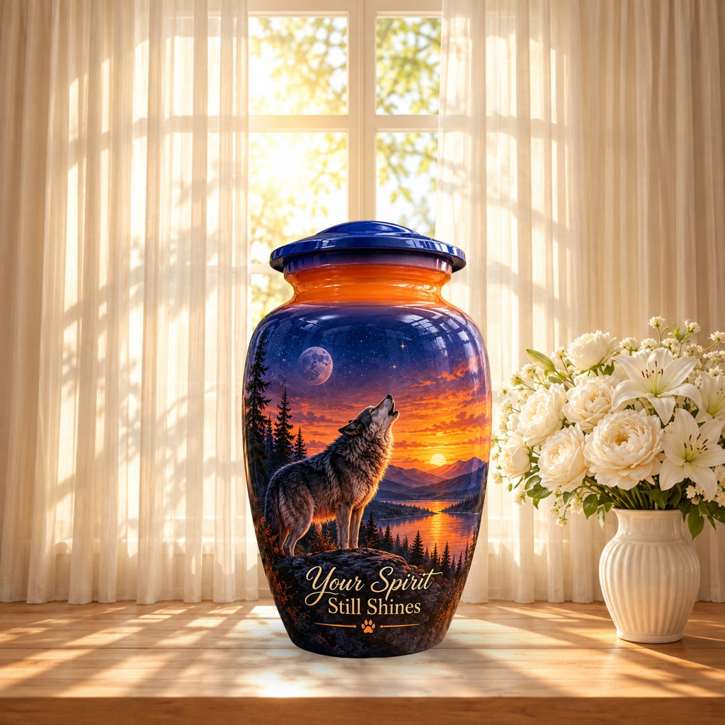 Howling Wolf Moon and Sunset Cremation Urn for Human Ashes – Personalized Handmade Aluminum Urn