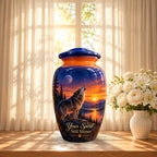 Howling Wolf Moon and Sunset Cremation Urn for Human Ashes – Personalized Handmade Aluminum Urn