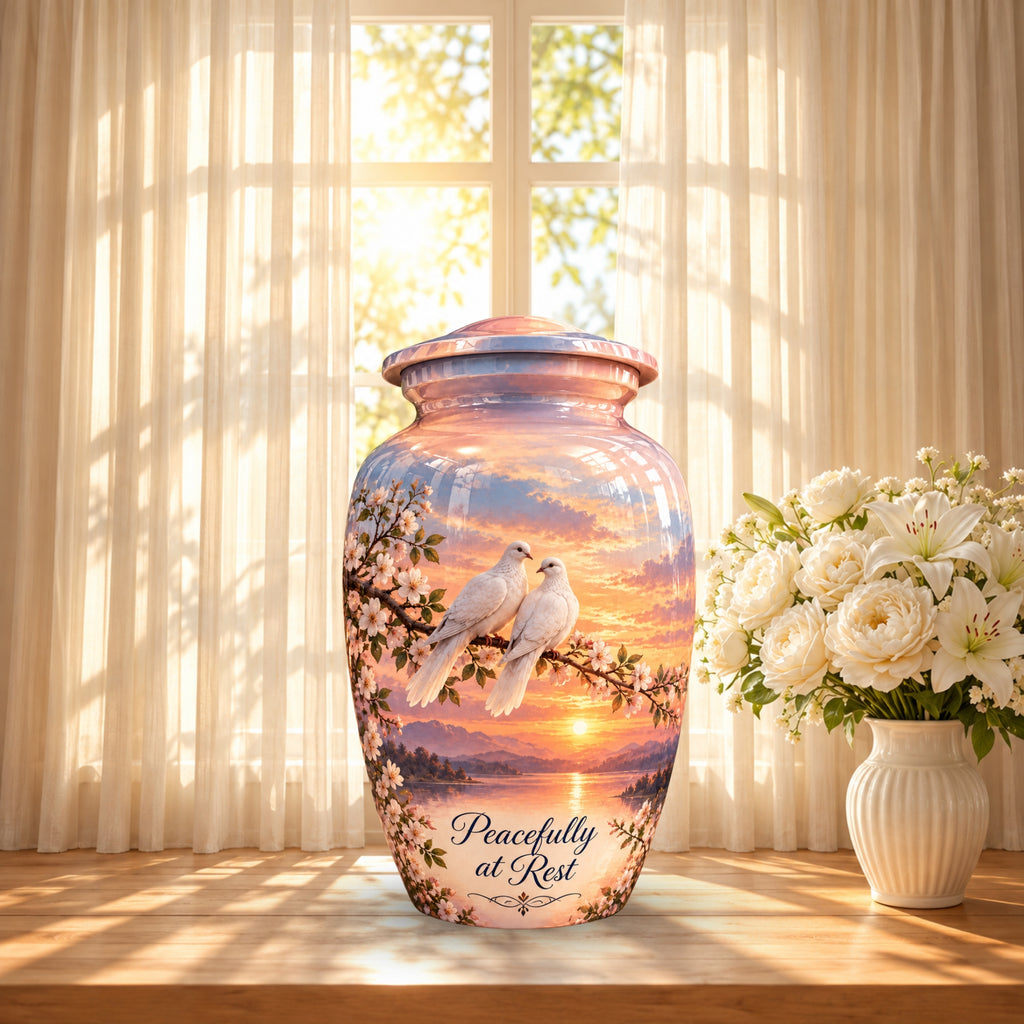 Two Doves on Blossom Branch Cremation Urn for Human Ashes – Personalized Handmade Aluminum Urn